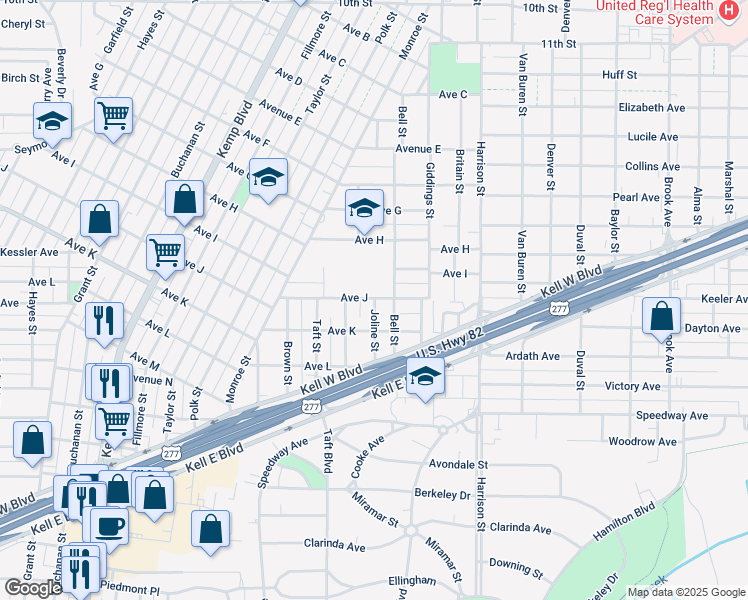 map of restaurants, bars, coffee shops, grocery stores, and more near 2004 Joline Street in Wichita Falls