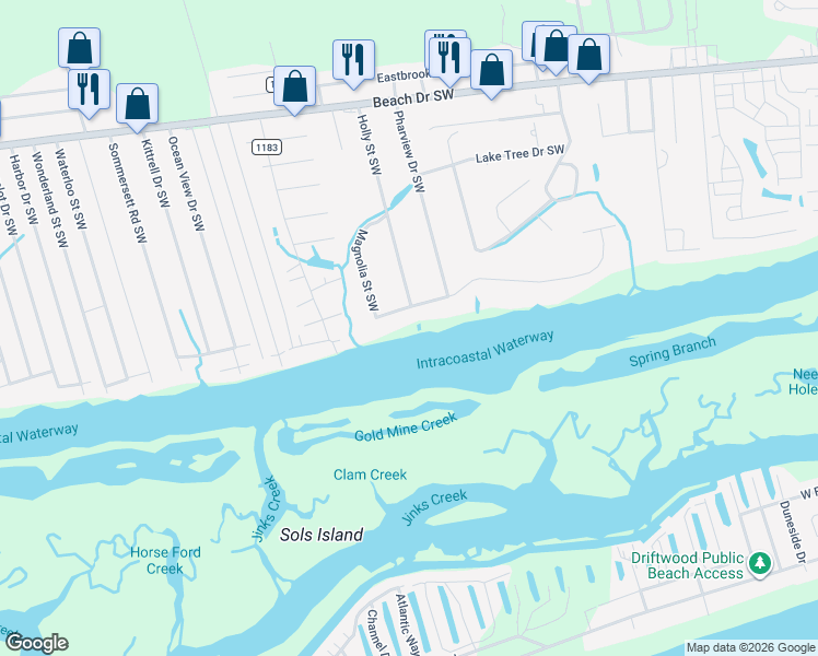 map of restaurants, bars, coffee shops, grocery stores, and more near 6805 Roberta Rd SW in Ocean Isle Beach