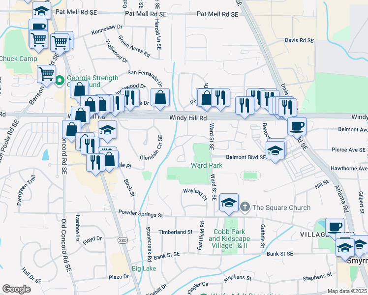 map of restaurants, bars, coffee shops, grocery stores, and more near 810 Windy Hill Road Southeast in Smyrna