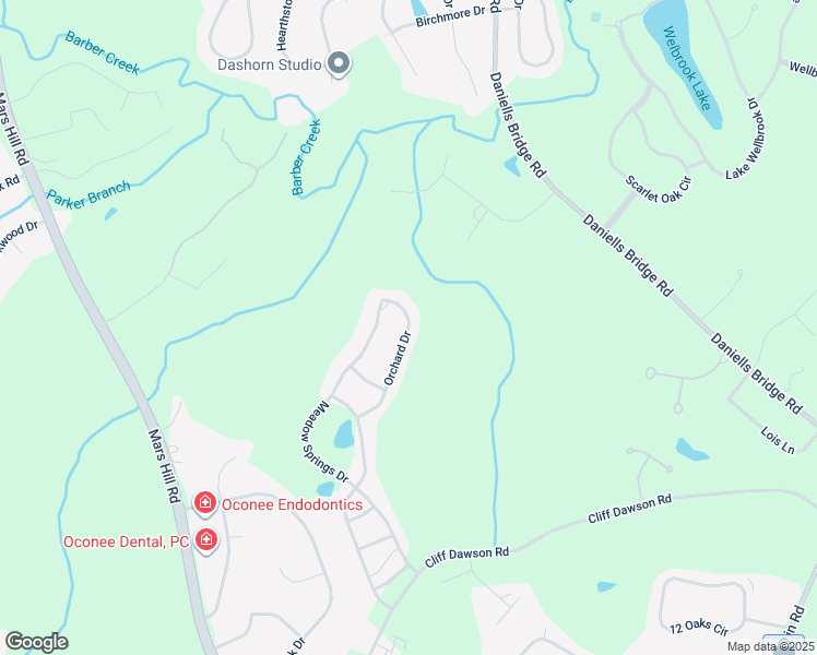 map of restaurants, bars, coffee shops, grocery stores, and more near 2315 Orchard Drive in Watkinsville
