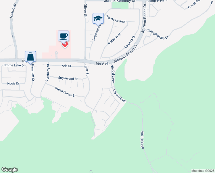 map of restaurants, bars, coffee shops, grocery stores, and more near 27680 Callander Street in Moreno Valley