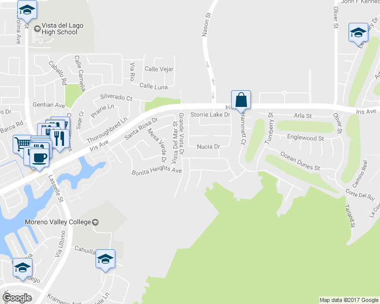 map of restaurants, bars, coffee shops, grocery stores, and more near 26849 Nucia Drive in Moreno Valley