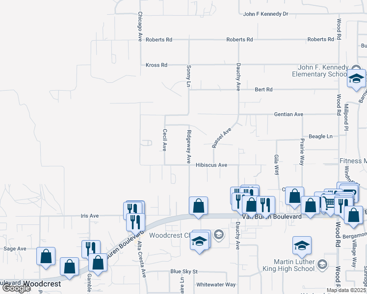 map of restaurants, bars, coffee shops, grocery stores, and more near 15671 Ridgeway Avenue in Riverside