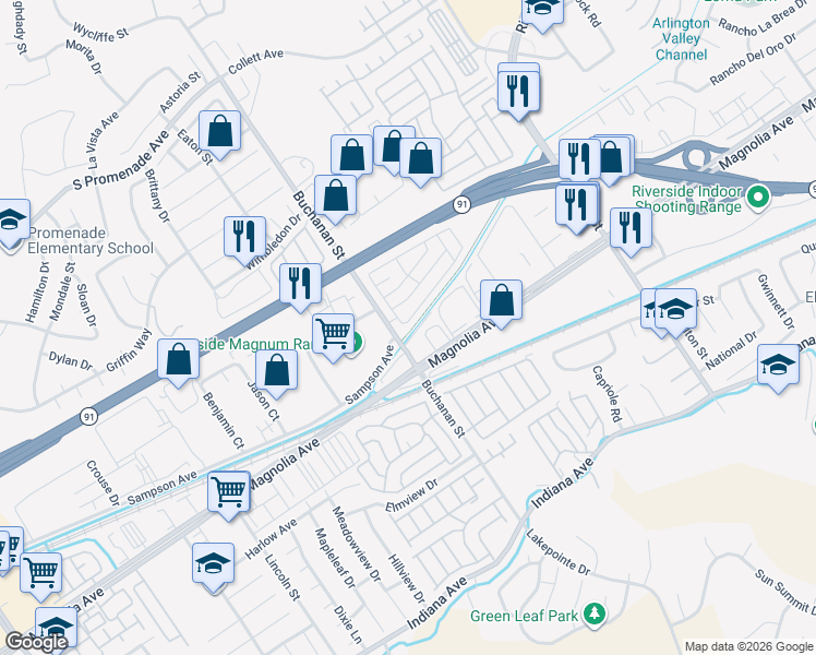 map of restaurants, bars, coffee shops, grocery stores, and more near 3883 Sierra Pines Mobile Home Park in Riverside
