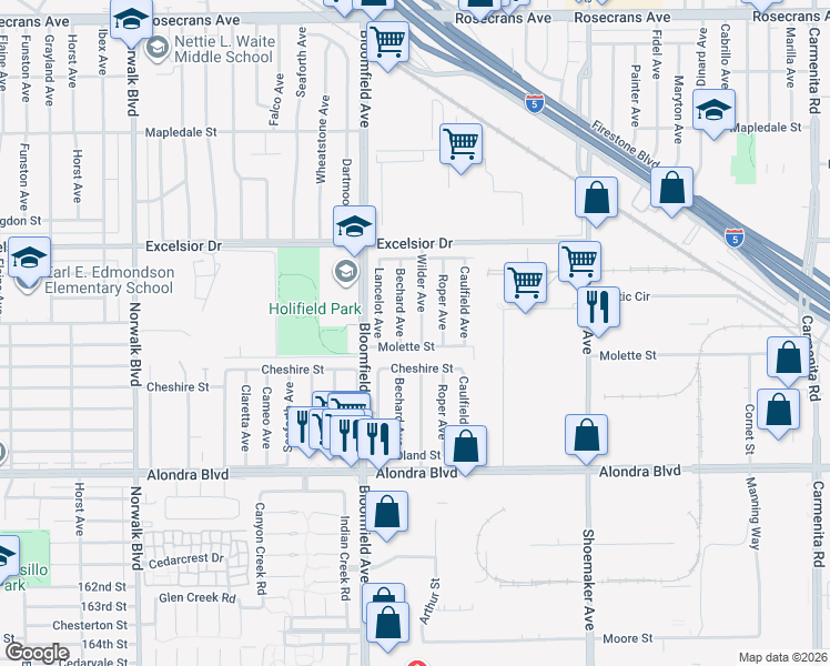 map of restaurants, bars, coffee shops, grocery stores, and more near 15309 Wilder Avenue in Norwalk