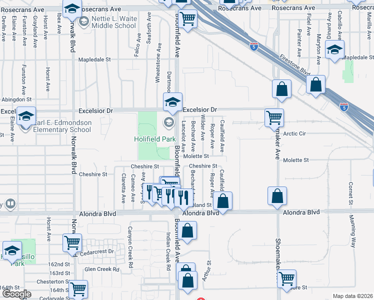 map of restaurants, bars, coffee shops, grocery stores, and more near 15308 Lancelot Avenue in Norwalk