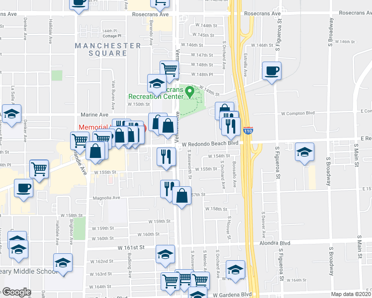 map of restaurants, bars, coffee shops, grocery stores, and more near in Gardena