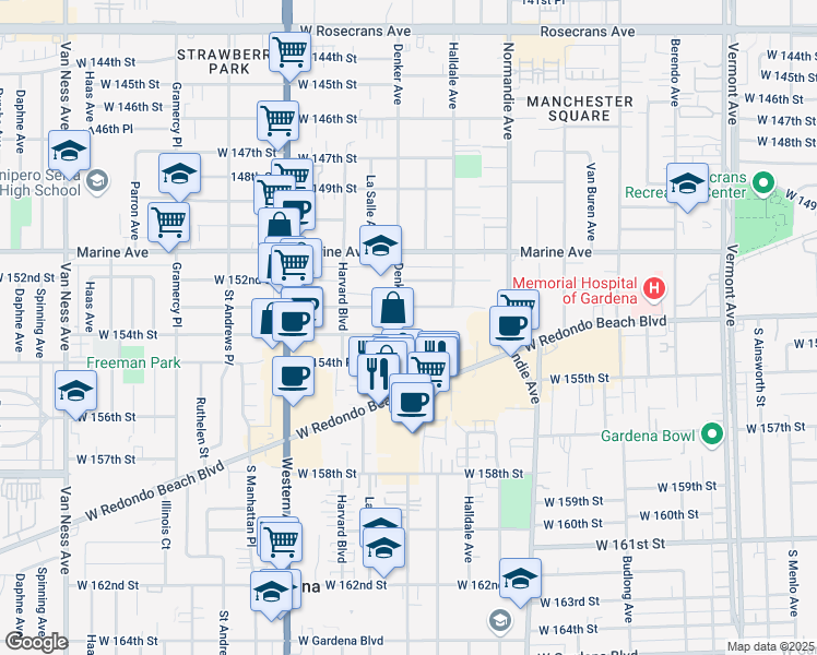map of restaurants, bars, coffee shops, grocery stores, and more near 1604 West 153rd Street in Gardena