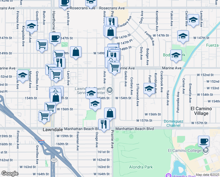 map of restaurants, bars, coffee shops, grocery stores, and more near 15235 Prairie Avenue in Lawndale