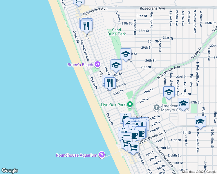 map of restaurants, bars, coffee shops, grocery stores, and more near 2213 Alma Avenue in Manhattan Beach