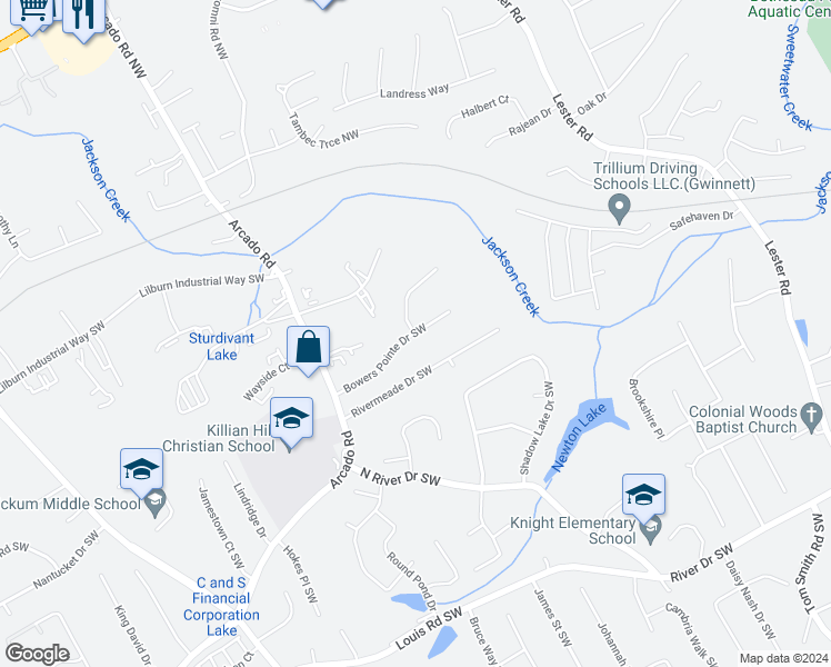 map of restaurants, bars, coffee shops, grocery stores, and more near 102 River Pointe Court Southwest in Lilburn
