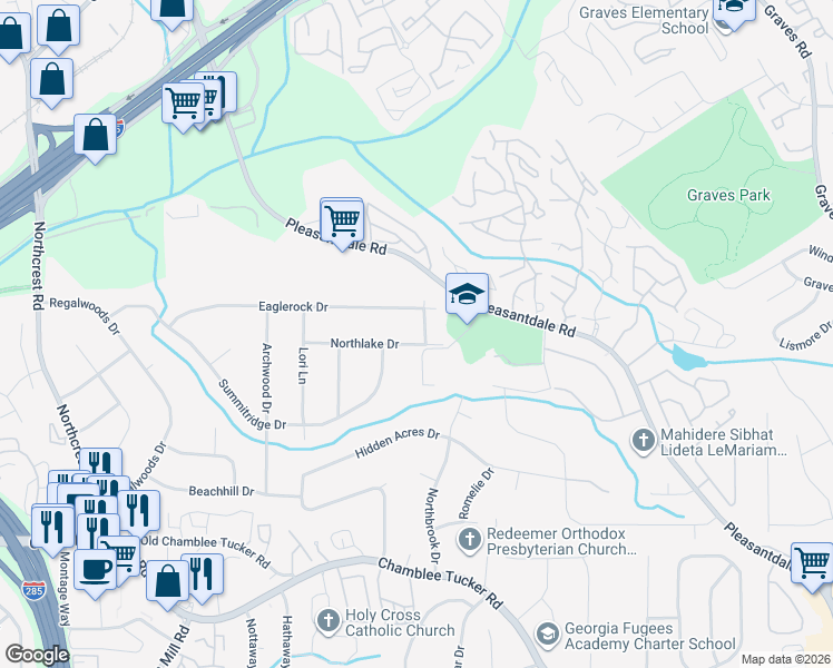 map of restaurants, bars, coffee shops, grocery stores, and more near 3466 Northlake Way in Doraville