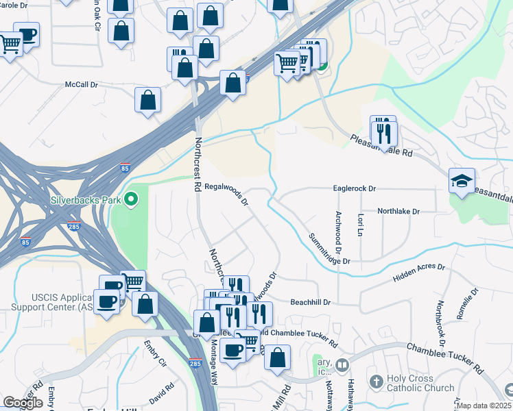 map of restaurants, bars, coffee shops, grocery stores, and more near 3473 Regalwoods Drive in Atlanta