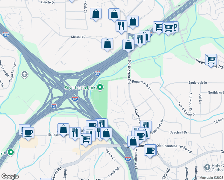 map of restaurants, bars, coffee shops, grocery stores, and more near 3383 Rose Ridge in Atlanta