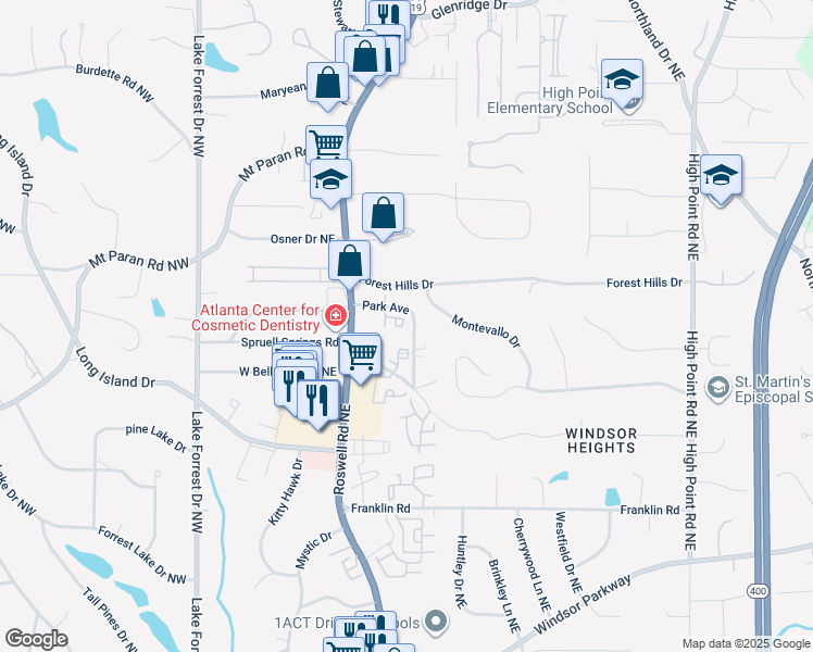 map of restaurants, bars, coffee shops, grocery stores, and more near 6506 Park Avenue in Atlanta