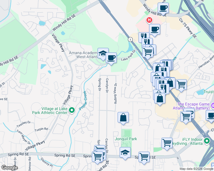 map of restaurants, bars, coffee shops, grocery stores, and more near 2459 Carolyn Drive in Smyrna