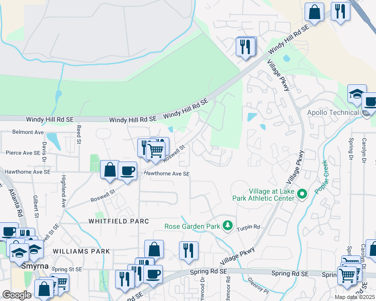 map of restaurants, bars, coffee shops, grocery stores, and more near 1810 Roswell Street Southeast in Smyrna