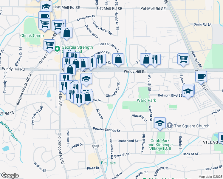 map of restaurants, bars, coffee shops, grocery stores, and more near 2491 Pasadena Place in Smyrna