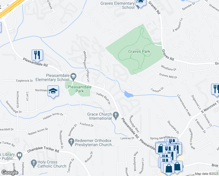map of restaurants, bars, coffee shops, grocery stores, and more near 3450 Washington Way in Doraville