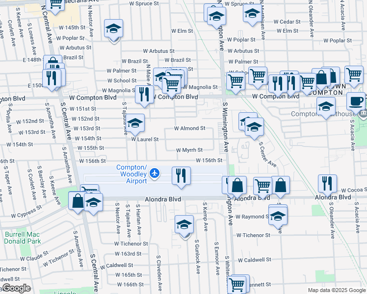 map of restaurants, bars, coffee shops, grocery stores, and more near 957 West Myrrh Street in Compton