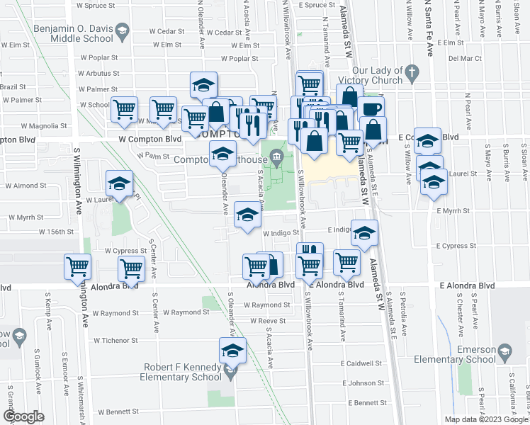map of restaurants, bars, coffee shops, grocery stores, and more near 267 West Myrrh Street in Compton