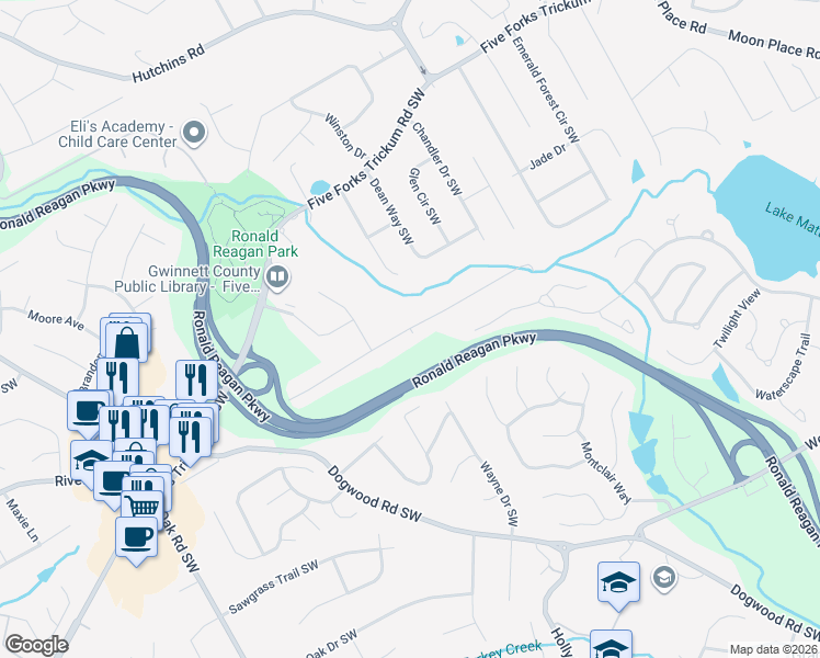 map of restaurants, bars, coffee shops, grocery stores, and more near 2668 Marcia Drive Southwest in Lawrenceville