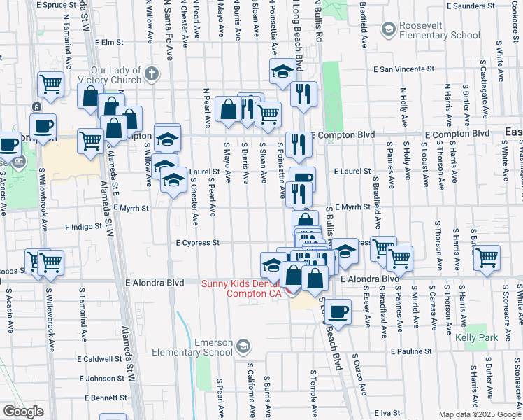 map of restaurants, bars, coffee shops, grocery stores, and more near 501 South Sloan Avenue in Compton