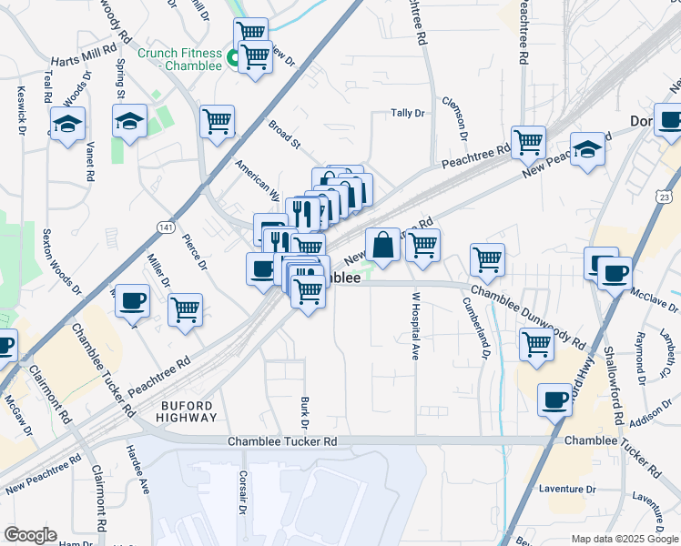 map of restaurants, bars, coffee shops, grocery stores, and more near 3397 Chamblee Dunwoody Road in Chamblee