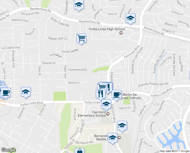 map of restaurants, bars, coffee shops, grocery stores, and more near 4735 Cardena Plaza in Yorba Linda