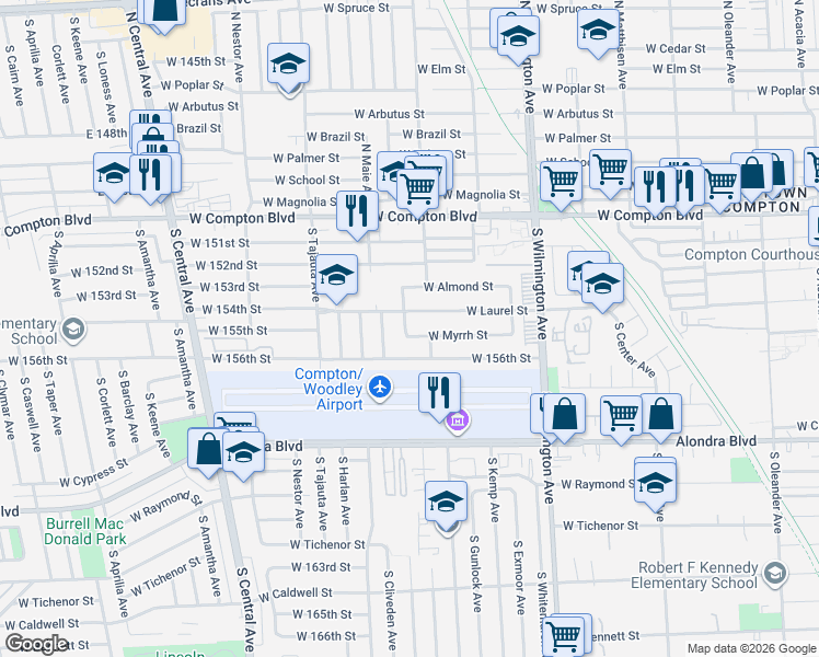 map of restaurants, bars, coffee shops, grocery stores, and more near 1004 West Laurel Street in Compton
