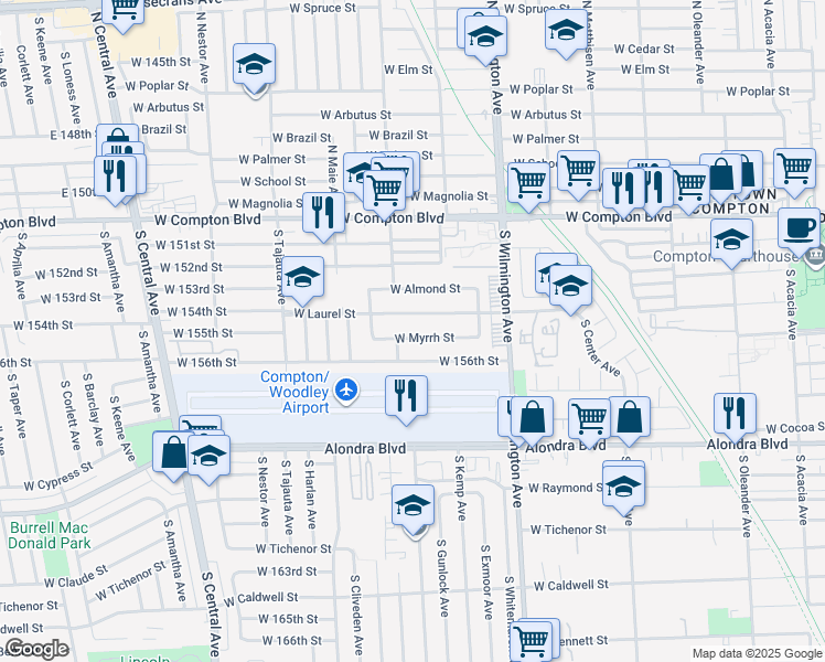 map of restaurants, bars, coffee shops, grocery stores, and more near 957 West Myrrh Street in Compton