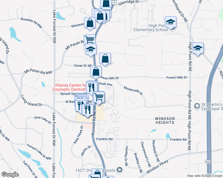 map of restaurants, bars, coffee shops, grocery stores, and more near 6001 Park Avenue in Atlanta