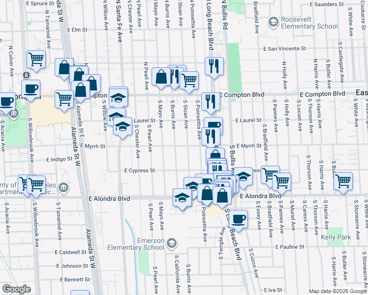 map of restaurants, bars, coffee shops, grocery stores, and more near 501 South Sloan Avenue in Compton