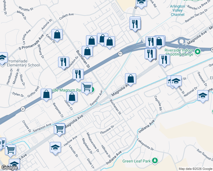 map of restaurants, bars, coffee shops, grocery stores, and more near 3883 Sierra Pines Mobile Home Park in Riverside