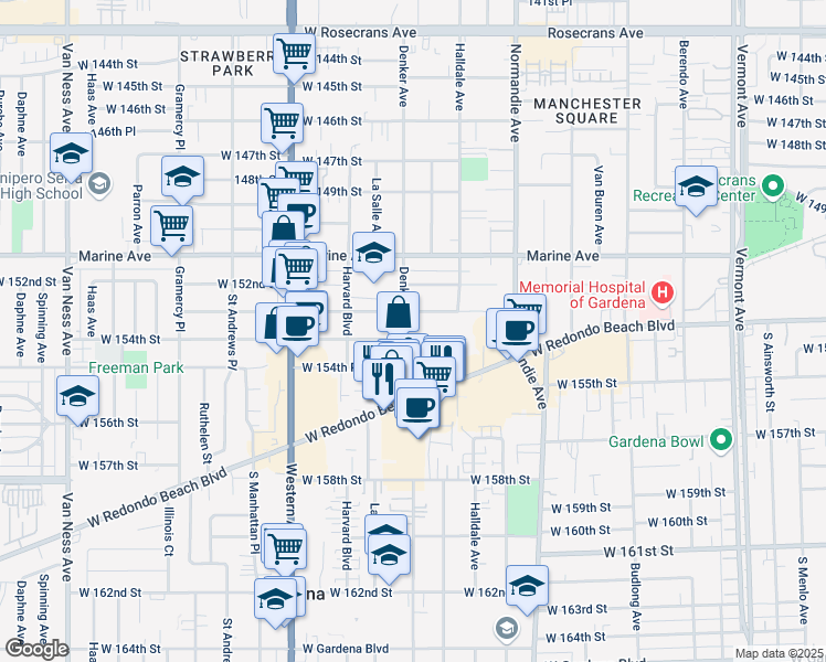 map of restaurants, bars, coffee shops, grocery stores, and more near 1604 West 153rd Street in Gardena