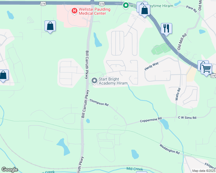 map of restaurants, bars, coffee shops, grocery stores, and more near 169 Stone Ridge Circle in Hiram