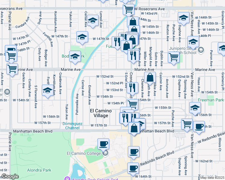 map of restaurants, bars, coffee shops, grocery stores, and more near 3203 West 153rd Street in Gardena