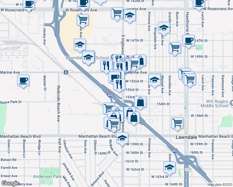 map of restaurants, bars, coffee shops, grocery stores, and more near 4001 South Inglewood Avenue in Redondo Beach