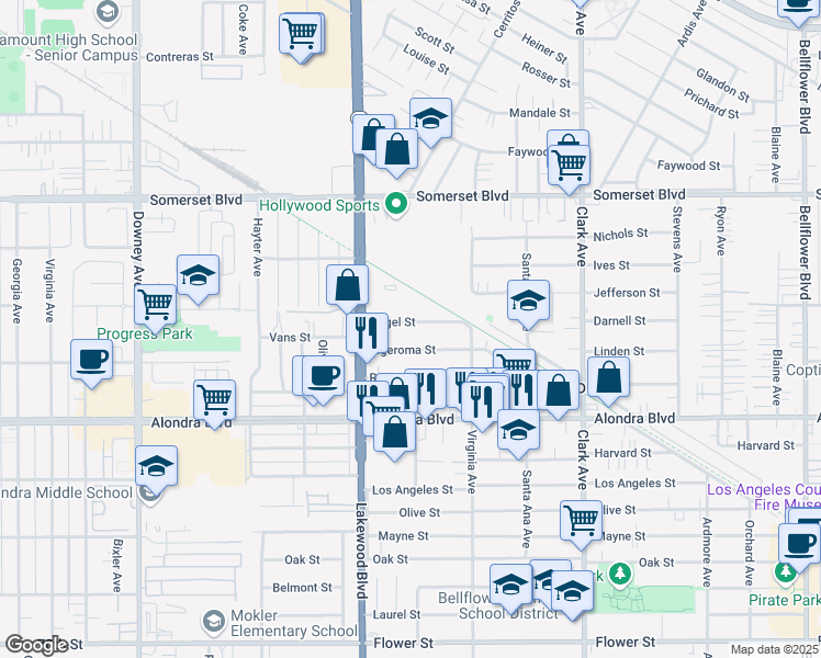 map of restaurants, bars, coffee shops, grocery stores, and more near 9056 Hegel Street in Bellflower