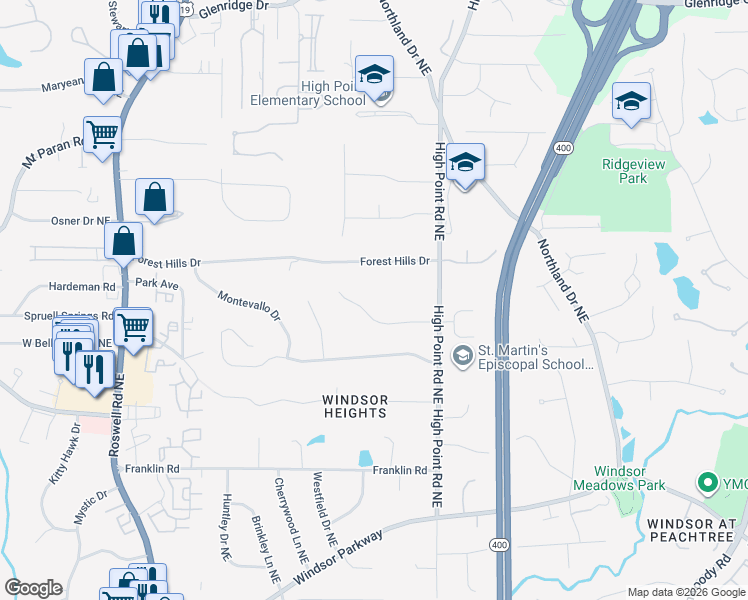 map of restaurants, bars, coffee shops, grocery stores, and more near 510 Forestdale Drive Northeast in Atlanta