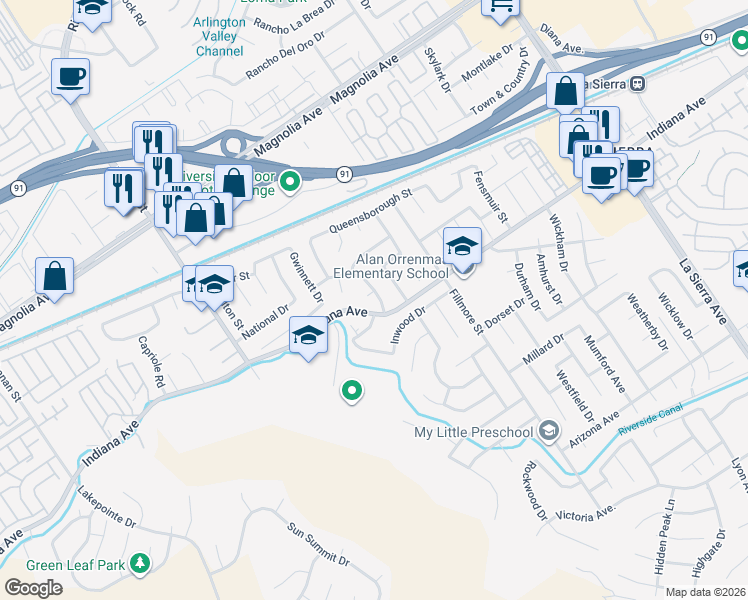 map of restaurants, bars, coffee shops, grocery stores, and more near 3473 Yankee Circle in Riverside