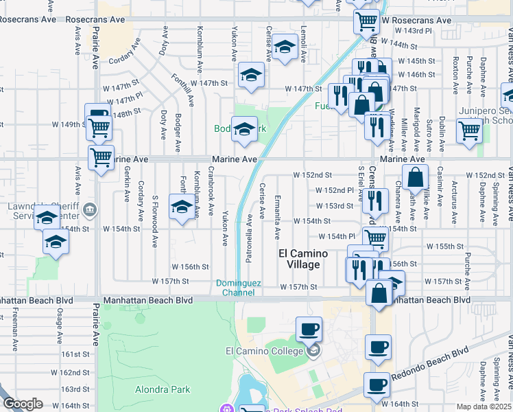 map of restaurants, bars, coffee shops, grocery stores, and more near 15301 Patronella Avenue in Gardena