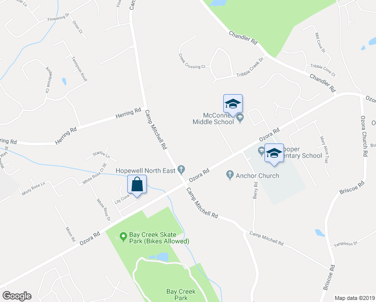 map of restaurants, bars, coffee shops, grocery stores, and more near 2670 Camp Mitchell Road in Grayson