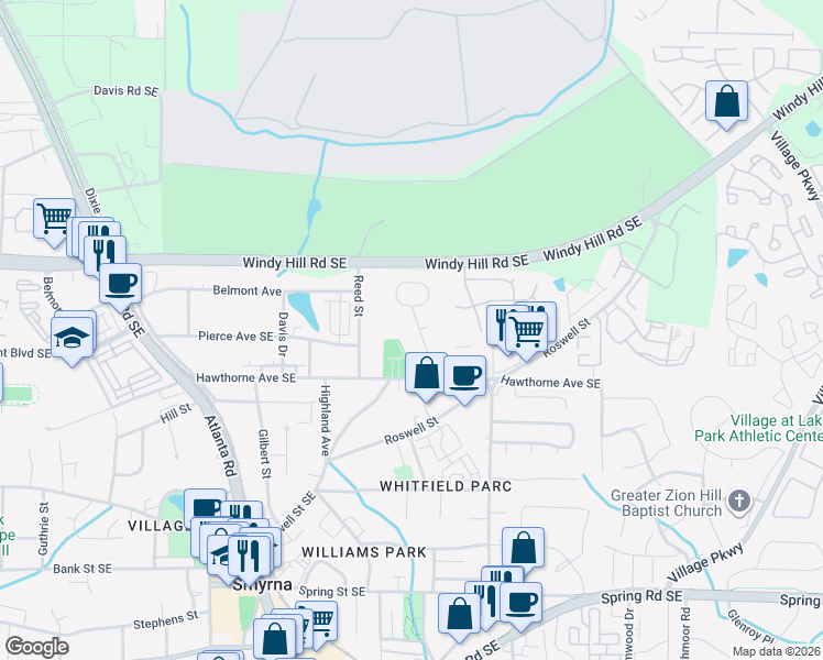map of restaurants, bars, coffee shops, grocery stores, and more near 5026 Hawthorne Court in Smyrna