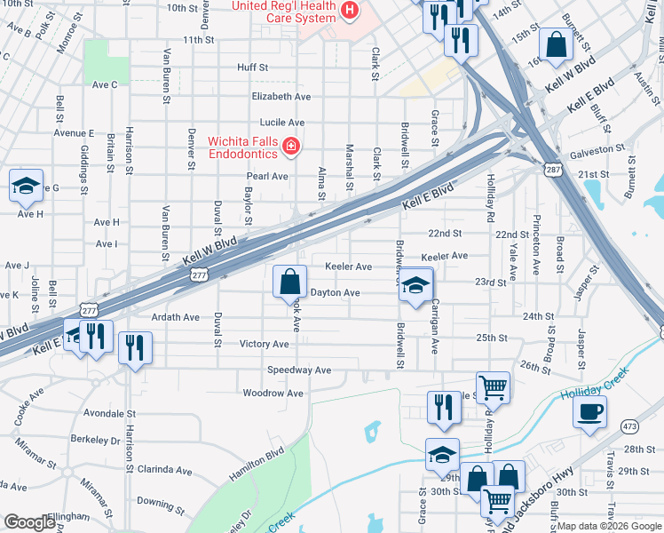 map of restaurants, bars, coffee shops, grocery stores, and more near 1662 Keeler Avenue in Wichita Falls