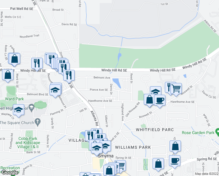 map of restaurants, bars, coffee shops, grocery stores, and more near 1383 Pierce Avenue Southeast in Smyrna