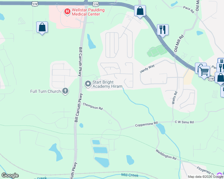map of restaurants, bars, coffee shops, grocery stores, and more near 247 Stone Ridge Circle in Hiram