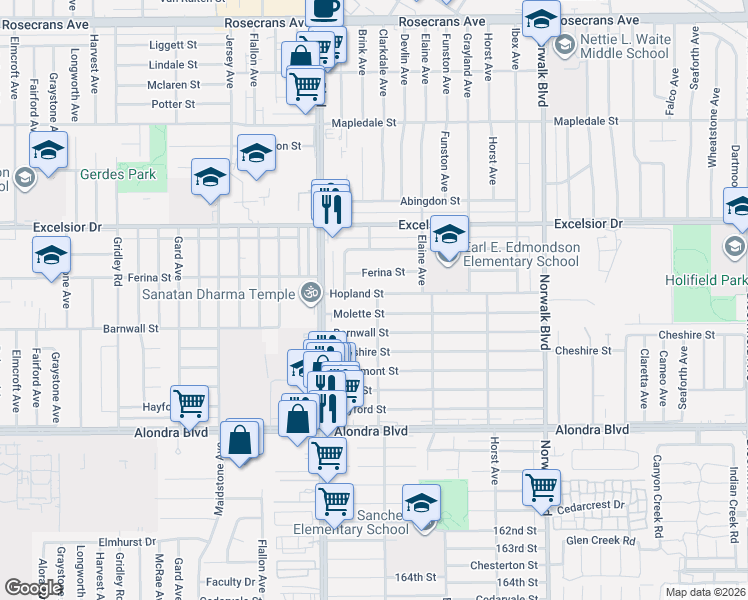 map of restaurants, bars, coffee shops, grocery stores, and more near 11864 Hopland Street in Norwalk