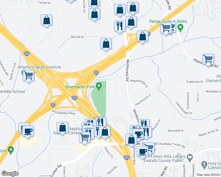 map of restaurants, bars, coffee shops, grocery stores, and more near 3383 Rose Ridge in Atlanta