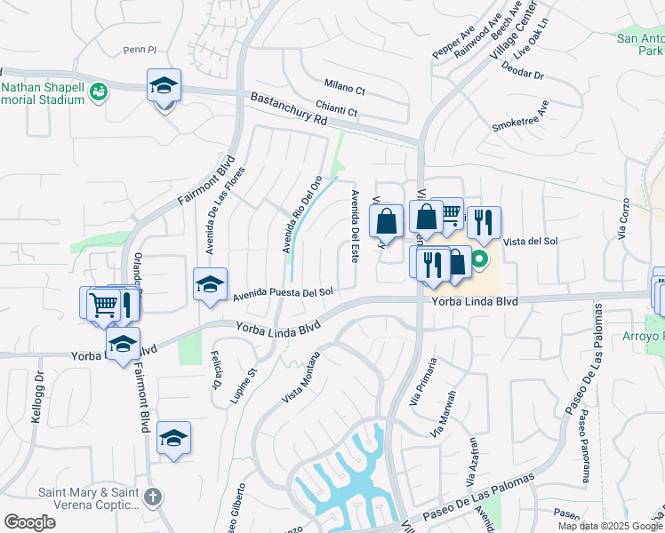 map of restaurants, bars, coffee shops, grocery stores, and more near 4681 Vía Loma Linda in Yorba Linda